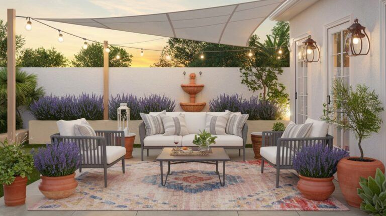 A charming and cozy outdoor living space at sunset, well decorated accented by potted lavender and other cheerful plants. Terracotta pots, lantern and other decor. A outdoor Turkish style rug, a stylish speakeasy, with comfortable sofa and chairs touching the edge of the rug . on top of the rug is a coffee table. a wall mounted fountain in the background. Nearby, a lantern glows white, creating a welcoming, intimate space perfect for unwinding or entertaining with a glass of wine. coffee table The atmosphere is bright, cheerful, and filled with inviting textures, proving that even the smallest outdoor space can be transformed into a dreamy retreat. - there needs to be partial roof or sail covering to protect the sofa and chairs.