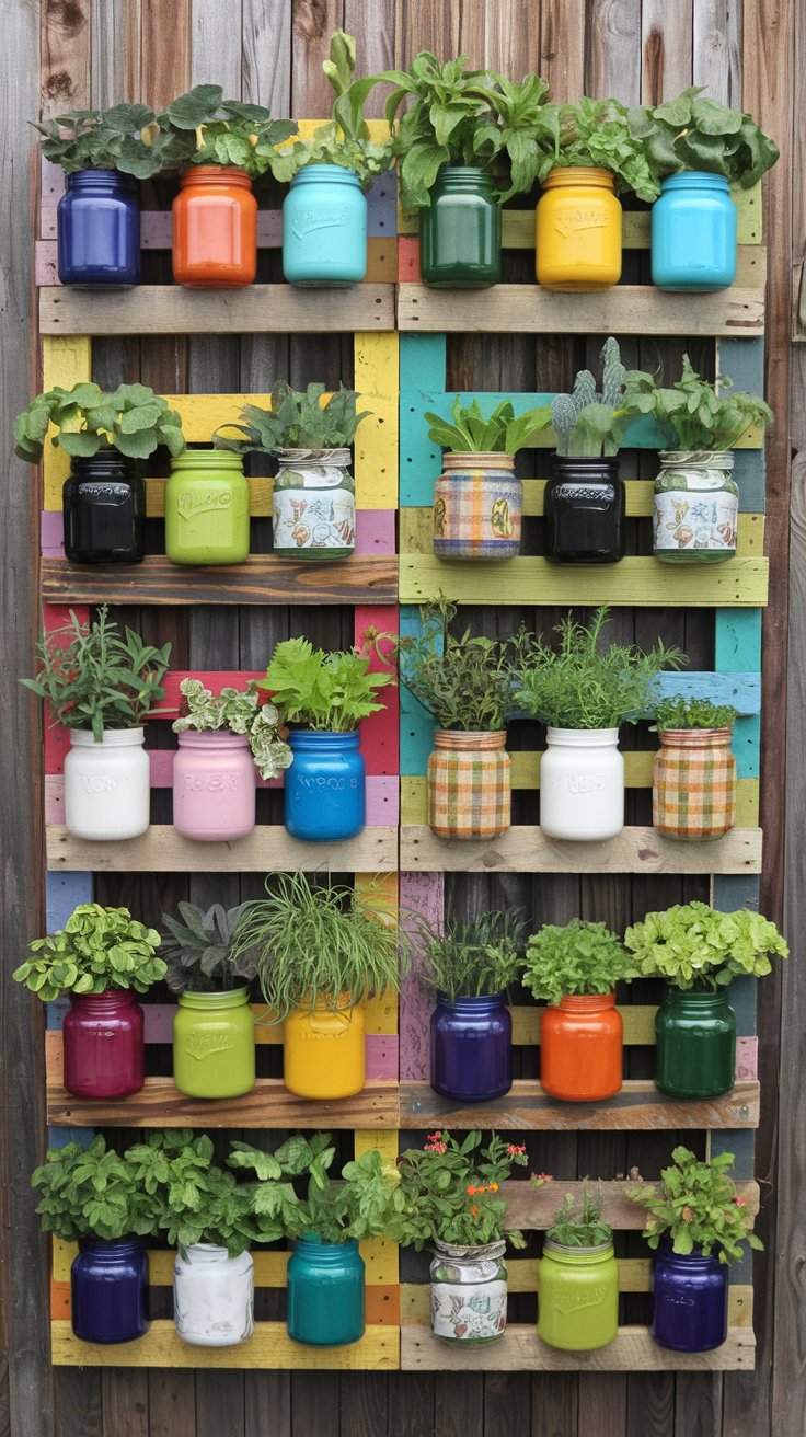 A beautiful herb vertical garden made from an upscaled pallet with colorful recycled jars, and other recycled/reclaimed objects to create a vibrant beautiful living wall.