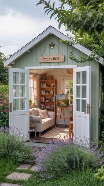 Creative Haven Medium / Patio and Porch A photograph of a quaint, soft green She Shed nestled within a vibrant, flourishing garden.