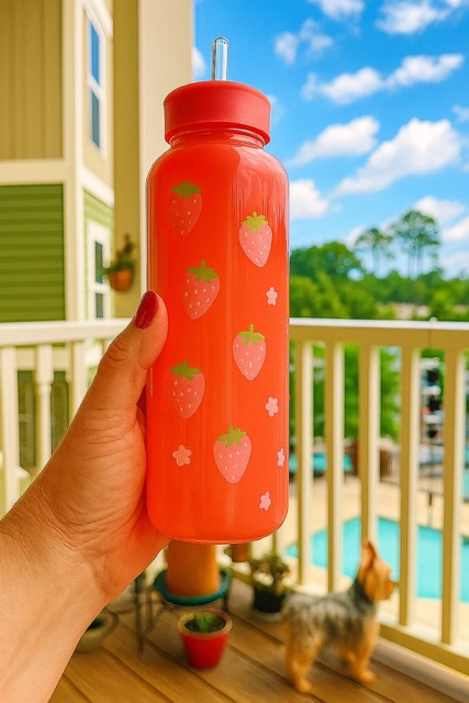 Glass Water Bottle / Patio and Porch Hand holding a cute coral color glass water bottle with strawberry and flower print, on a balcony overlooking a pool and cloudy sky.