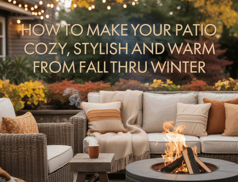 A cozy outdoor patio arranged for fall and winter with blankets, pillows, and a warm firepit, featuring stylish seating and soft golden lighting.