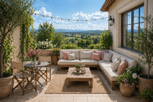 A bright, luxury outdoor living room retreat featuring a cozy seating area and soft lighting in a small patio space.