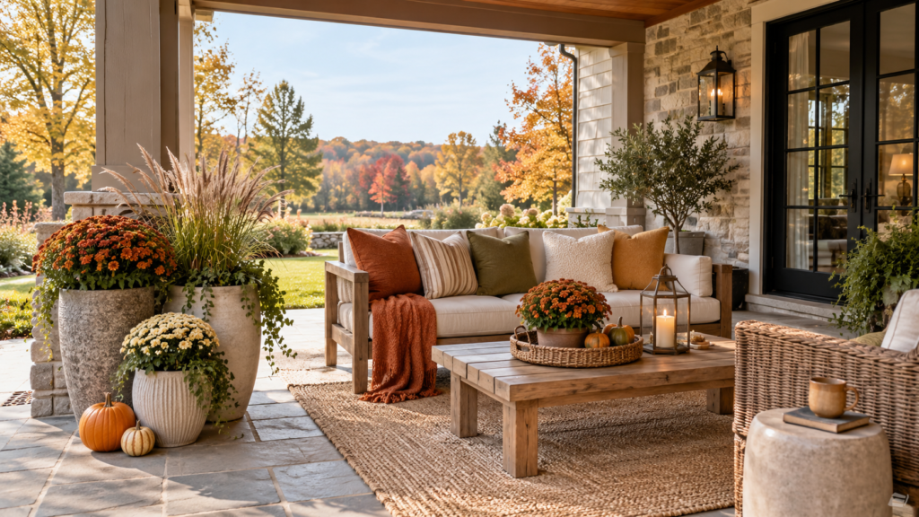 Fall Covered Patio Using the 3-5-7 Decorating Rule | Patio and Porch Cozy covered patio decorated for Fall with three grouped planters, five autumn cushions, layered outdoor lighting, pumpkins, and warm seasonal textures.