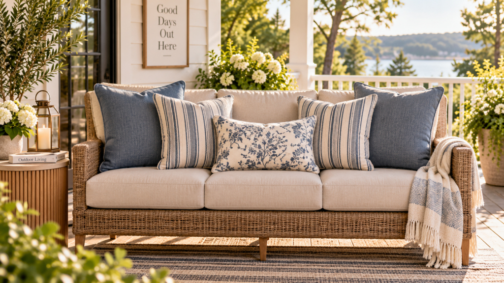 Outdoor sofa with a layer of five pillows | Patio and Porch